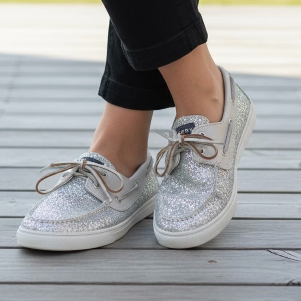 Sperry Topsider Bahama Metallic SILVER SPARKLE Boat Shoes 8.5